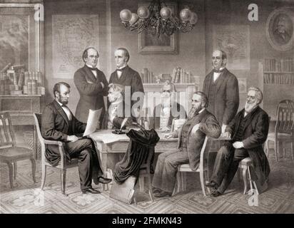 Le président Lincoln et son cabinet lisent la Proclamation d'émancipation, également connue sous le nom de Proclamation 95, qui a été signée par Lincoln le 22 septembre 1862. Le document fournit la base juridique de la liberté des esclaves. Banque D'Images