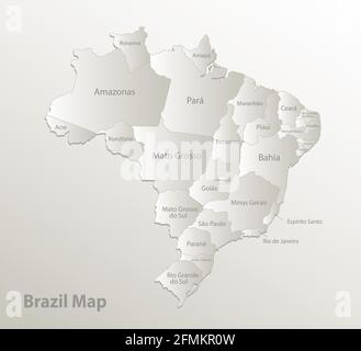 Carte du Brésil, régions individuelles avec noms, carte papier 3D vecteur naturel Illustration de Vecteur