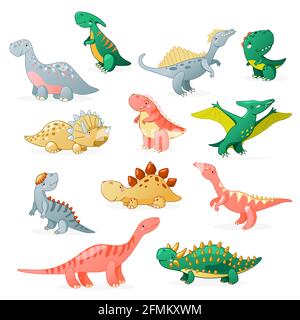 Ensemble dinosaure mignon de dessin animé. Personnages dino amusants pour enfants. Illustration vectorielle isolée sur fond blanc. Illustration de Vecteur