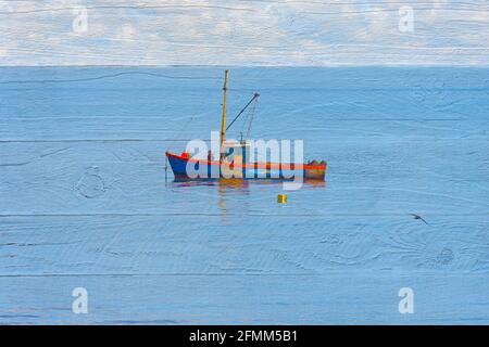 Peint à la main dans des peintures acryliques de bateau de pêche sur bois panneau Banque D'Images