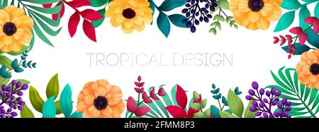 Fond tropical d'été coloré avec des feuilles de palmier et des fleurs exotiques. Bannière horizontale, couverture. Fond floral vectoriel Illustration de Vecteur