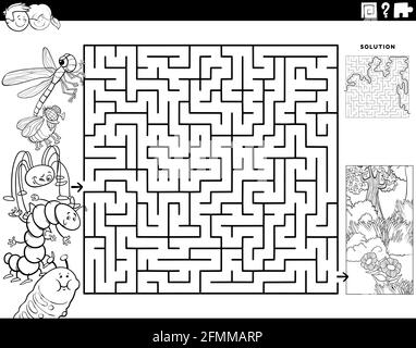 Illustration de dessin animé noir et blanc du jeu de puzzle éducatif de labyrinthe pour les enfants avec des personnages d'insectes et de la page de livre de coloriage de prairie Illustration de Vecteur