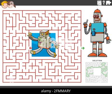 Dessin animé illustration du jeu de puzzle éducatif de labyrinthe pour les enfants avec personnages robots amusants Illustration de Vecteur