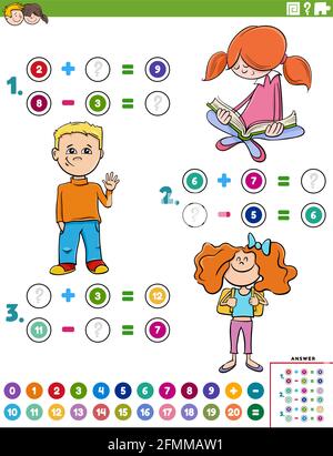 Illustration de la tâche pédagogique de puzzle d'addition et de soustraction mathématique avec des caractères enfants Illustration de Vecteur