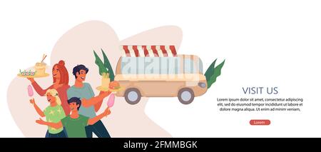 Prospectus ou bannière avec repas familial au camion fast food café, Vector isolé. Illustration de Vecteur
