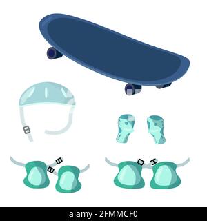 Jeu d'éléments de pilotage pour planche de bord. skate, casque, gants de protection, genouillères, protège-coudes. Illustration vectorielle de style dessin animé. Jeu de ridi de tableau de bord de mer Illustration de Vecteur