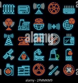 Icônes de rayonnement définies. Ensemble de contours des icônes de vecteur de rayonnement couleur néon sur noir Illustration de Vecteur