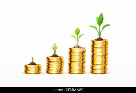 Piles de pièces de plus en plus de pièces de monnaie en or sur fond blanc. Illustration vectorielle Illustration de Vecteur