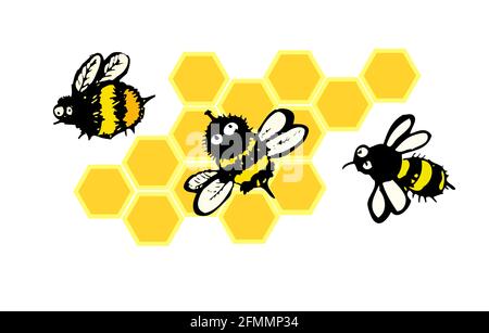 Ensemble d'éléments en nid d'abeille. Mignon drôle de dessin animé abeilles . Illustration vectorielle Illustration de Vecteur