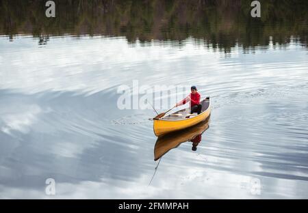 Un jeune garçon pagayant seul un canot sur un lac calme au Canada. Banque D'Images