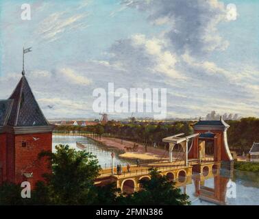 Le canal extérieur d'Amsterdam avec un pont-levis à la porte Leidse, vu de Schouwburg sur la Leidseplein. À l'extérieur des arbres de canal, des moulins à vent et un Banque D'Images