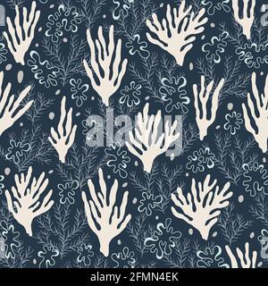 Contour de mer dessiné à la main, motif transparent bleu algues et crème vectorisé Illustration de Vecteur