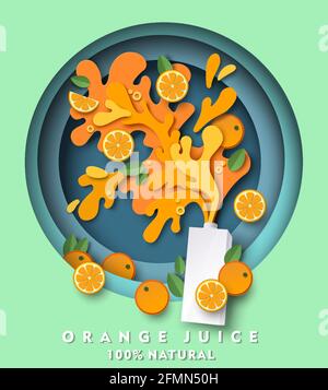 Jus d'orange emballage en carton maquette, fruits frais, éclaboussures de liquide, gouttes. Illustration de la coupe de papier vectorielle. Publicités sur les boissons naturelles. Illustration de Vecteur