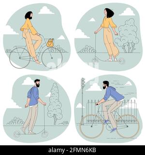 homme et femme à vélo et scooters électriques Illustration de Vecteur