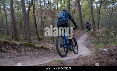 homme en vtt dans la forêt de printemps près d'utrecht in pays-bas Banque D'Images