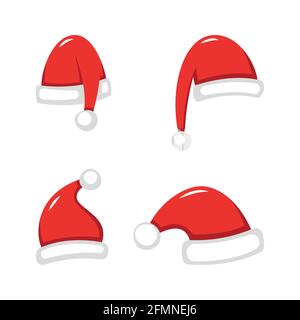 Ensemble de chapeaux rouges du Père Noël. La coiffure du nouvel an rouge dans un style plat isolé sur un fond blanc. Illustration de Vecteur