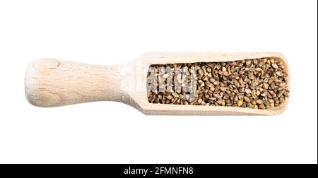 vue de dessus des graines de millet de baryard non décortimées dans une pelle à bois découpe sur fond blanc Banque D'Images