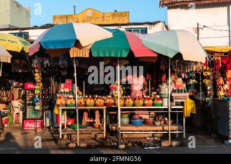 Mysore, Karnataka, Inde - janvier 2019 : une femme qui vend des noix de coco et des articles religieux dans un stand coloré situé sur le bord de la route, à l'ombre des parasols. Banque D'Images