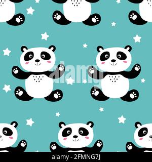 Motif sans couture avec bébé panda mignon et étoiles sur fond de couleur. Animaux asiatiques amusants. Carte, cartes postales pour enfants. Illustration vectorielle plate pour Illustration de Vecteur