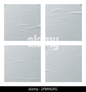 Ensemble de feuilles de papier carrées blanches collées. Ensemble d'affiches réalistes et isolées par vecteur. Texture de modèle vierge graissée humide. Publicité vide Illustration de Vecteur