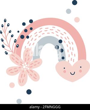 Arc-en-ciel vectoriel avec des points de coeur et de pluie dans le style scandinave de dessin animé et bouquet de fleurs d'été isolé sur fond blanc pour les enfants. Joli printemps Illustration de Vecteur