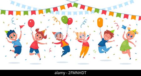 Fête d'enfants. Des enfants heureux sautant avec des ballons, des confettis, des drapeaux. Les filles et les garçons en chapeaux de fête ont l'amusement célébrant l'anniversaire vecteur illustration de dessin animé. Personnages multiculturels et joyeux Illustration de Vecteur