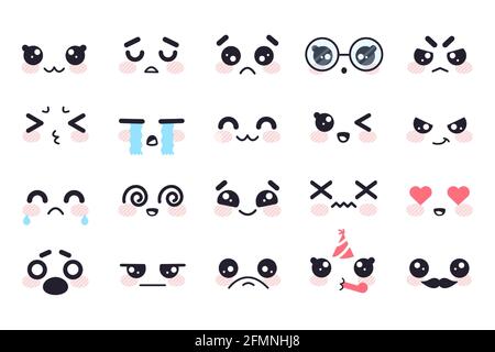 Kawaii faces. Visage de Manga personnages japonais mignons, émotions de visage de cartoon emoji. Sourire, triste et colère, cri et joie, ensemble de vecteur d'amour. Expression heureuse et triste, célébrant l'anniversaire Illustration de Vecteur