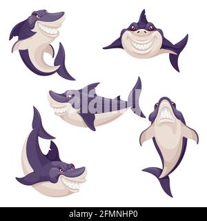 Requin mignon. Poisson dangereux, prédateur de créature océanique. La mascotte des requins souriants nageait. Caractères vectoriels isolés. Animaux sous-marins avec dents, faune créatures nageant dans diverses positions Illustration de Vecteur
