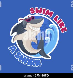 Imprimé requin. Nagez comme un t-shirt de dessin animé de requin sur le thème de surf de californie modèle rétro cool. Personnage sous-marin ou créature dans des lunettes de soleil avec grand sourire avec des dents Illustration de Vecteur