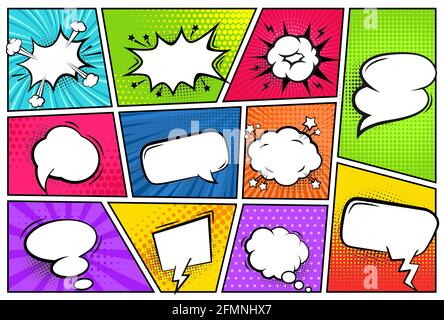 Images de bande dessinée avec bulles de parole. Parlez des ballons avec toile de fond pop art dans les cadres. Texture du magazine d'explosion super-héros. Modèles de scénario rétro avec des nuages de dialogue vides ou vides pour le texte Illustration de Vecteur