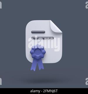 icône 3d simple certificat ou diplôme avec timbre bleu et coin courbé sur fond gris pastel. Illustration ou rendu 3d de haute qualité. Banque D'Images