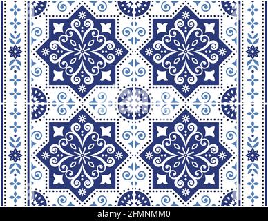 Mosaïque portugaise Azulejo motif vectoriel sans couture avec cadre ou bordure, Lisbonne design traditionnel avec fleurs, tourbillons et formes géométriques Illustration de Vecteur