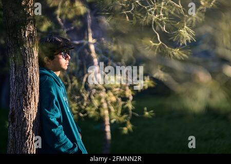 jeune garçon se penchait sur un arbre forestier en été Banque D'Images