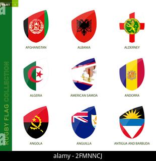 Collection de drapeaux de rugby. Icône de rugby avec drapeau de 9 pays : Afghanistan, Albanie, Alderney, Algérie, Samoa américaines, Andorre, Angola, Anguilla, Antigu Illustration de Vecteur