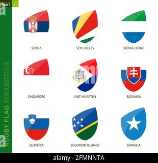 Collection de drapeaux de rugby. Icône du rugby avec drapeau de 9 pays : Serbie, Seychelles, Sierra Leone, Singapour, Sint Maarten, Slovaquie, Slovénie, Iles Salomon Illustration de Vecteur