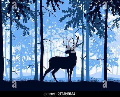 Cerf avec des bois posant, fond de forêt, silhouettes d'arbres. Paysage magique et brumeux. Illustration bleue et blanche. Illustration de Vecteur