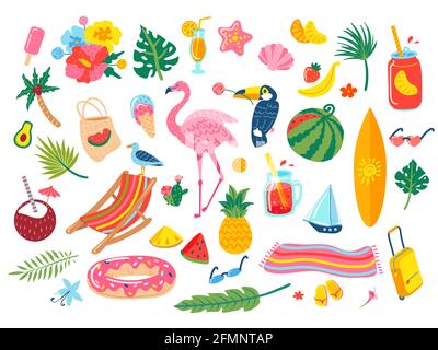 Éléments d'été. Boissons à cocktail, soda, feuilles tropicales, fleurs, ananas, pastèque, flamant, toucan. Ensemble de vecteur de caniche de plage dessiné à la main. Collection d'éléments de scrapbooking Illustration de Vecteur