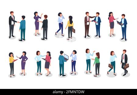 Personnes d'affaires isométriques. Femme de bureau, homme debout, discutant affaire d'entreprise, salutation. Employés et patron, équipe professionnelle 3d vecteur set. Personnages se serrant la main, tenant un ordinateur portable Illustration de Vecteur