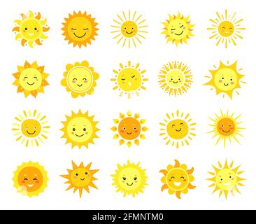 Soleil mignon. Bande dessinée ensoleillée emoji, heureux jaune soleil caractères avec sourire, émoticône soleil, drôle kawaii vecteur set. Visages d'été joyeux avec des poutres et des rayons. Soleil éclatant, chaleur Illustration de Vecteur