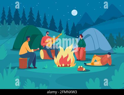 Les gens campent la nuit. Amis assis près d'un feu de camp, jouant de la guitare, rôtisant le guimlow. Tourisme vacances aventure vecteur illustration. Homme et femme ayant un repos extérieur Illustration de Vecteur