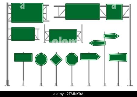 Signalisation routière. Panneaux de signalisation verts sur l'autoroute, panneaux de signalisation. Panneau d'affichage vierge et flèche information signalisation vecteur 3d isolé ensemble. Indication pour le transport, guide de la ville Illustration de Vecteur