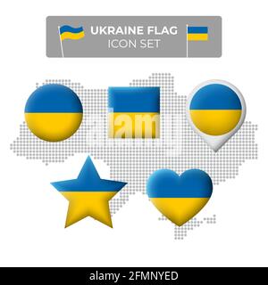 Icônes de drapeau d'Ukraine en forme de carré, coeur, cercle, étoiles et pointeur, marqueur de carte. Carte mosaïque de l'ukraine. Symbole ukrainien vectoriel, icône Illustration de Vecteur