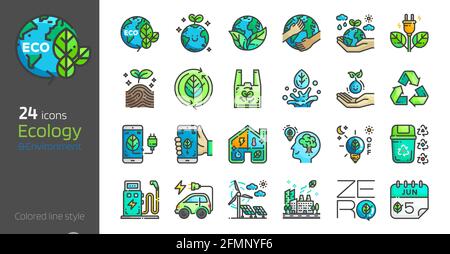 Jeu d'icônes de style de ligne de couleur écologique. Sécurité de la terre, de l'eau, de l'énergie, de l'environnement concept renouvelable jour et jour de la terre. Illustration vectorielle écologique. Illustration de Vecteur