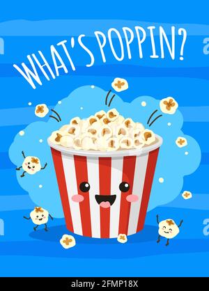 Affiche de pop-corn. Un joli seau de pop-corn au visage souriant. Film TV, cinéma avec nourriture et en-cas. Arrière-plan vectoriel de dessin animé. Contenant ou paquet à rayures avec des aliments croquants Illustration de Vecteur