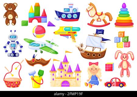 Jouet de dessin animé pour enfants. Adorable poupée bébé, ours en peluche, lapin, avion, voiture, robot, tambour, cubes, blocs. Jouets de jeu pour enfants pour jouer ensemble de vecteur. Objets colorés isolés pour la collection de salles de jeux Illustration de Vecteur