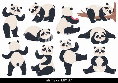 Panda. Des pandas chinois mignons dans diverses poses debout, couché et assis, dansant. Personnages vectoriels de mascotte d'ours asiatiques heureux. Comic mammifère mangeant de la pastèque, en signe de bonjour, souriant Illustration de Vecteur