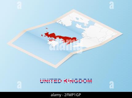 Carte papier pliée du Royaume-Uni avec les pays voisins dans le style isométrique sur fond de vecteur bleu. Illustration de Vecteur