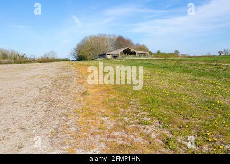 Craie et paysage de grange au ciel bleu, près de Compton Bassett, Wiltshire, Angleterre, Royaume-Uni Banque D'Images