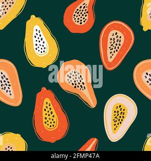 Motif de couleurs avec des tranches de papaye, fruit de la passion sur le vert. Morceaux de fruits exotiques dessinés à la main en arrière-plan répétitif. Décoration fruitée pour textile Illustration de Vecteur