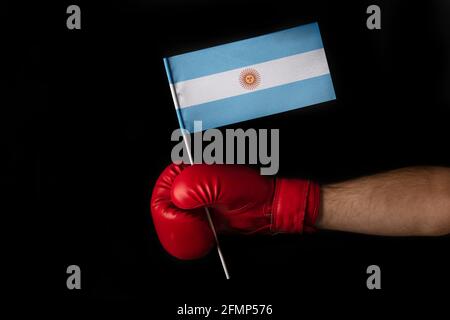 La main de boxer tient le drapeau de l'Argentine. Gant de boxe avec drapeau argentin. Arrière-plan noir Banque D'Images